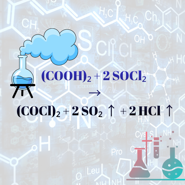 (COOH)₂ + 2 SOCl₂ → (COCl)₂ + 2 SO₂ ↑ + 2 HCl ↑.png
